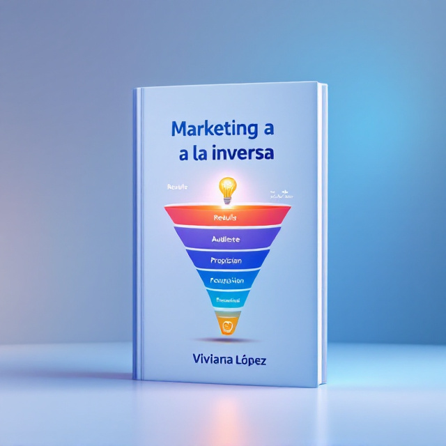 A clean, professional design with a subtle gradient blue background representing clarity and trust. At the center, a reversed funnel diagram with an arrow indicating backward movement. The top of the funnel highlights "Results" depicted with a glowing lightbulb, visually indicating clarity is achieved here. The arrow flows downward to various segmented stages labeled "Audience," "Proposition," and foundational elements. This reversed motion subtly reflects the book's core message of working backward from outcomes. The author's name, "Viviana López," is displayed prominently below the visual, ensuring readers notice it.