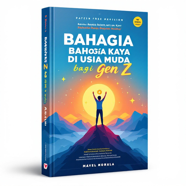 The cover features a vibrant gradient background transitioning from electric blue to a bright, warm orange, symbolizing youthful energy and opportunity. Central to the cover is a bold, modern vector illustration of a Gen Z individual standing confidently on a mountain peak, holding a glowing symbol of a coin and a heart, representing happiness and wealth. Surrounding the figure are abstract, colorful geometric patterns and subtle sparkles to give a dynamic and uplifting feel.
