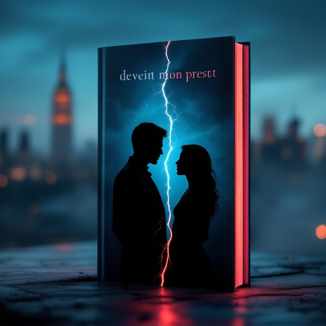 The cover features two black silhouettes of a man and woman, subtle yet distinct, placed slightly apart and angled away from each other. A fine crack, resembling a jagged fissure of light, divides the space between them. The background is a blurred, softly-lit nocturnal cityscape, with skyscrapers veiled in haze, below a deep-blue, velvety sky. The atmosphere is infused with a dim red glow near the base to evoke intensity and passion. Hints of mist curl through the scene, adding a layer of mystery. A faint light shines through the fissure, adding a sense of quiet longing.