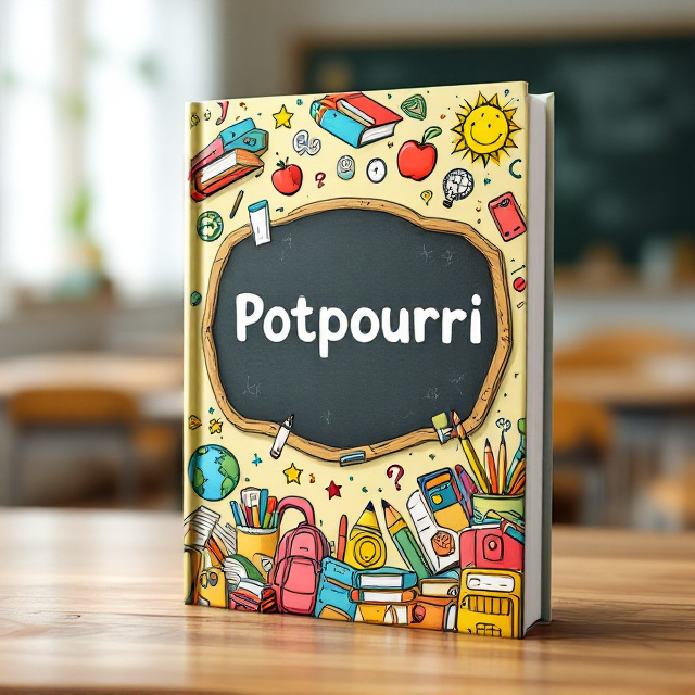 An illustrated design featuring a vibrant mix of whimsical school items (books, pencils, a globe, a backpack) scattered in a loose spiral pattern emanating from the center of the cover. The background is a light pastel yellow, contrasting the colorful, playful tones of the illustrated items. The central focus includes a sketch-style collage of a lively classroom scene with a chalkboard at the heart. A hint of hand-drawn doodles (stars, question marks, light bulbs) surrounds the items as a border.