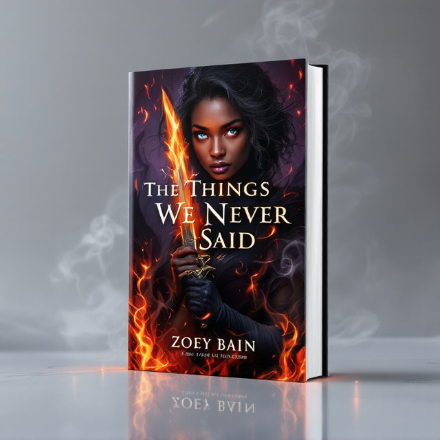 The cover showcases the striking figure of the female protagonist at the center. Her deep, dark brown skin contrasts dramatically with the surrounding dark ambiance. Her gaze demands attention, one eye glowing a vivid electric blue, the other shrouded in shadowy black. Her grip on a gleaming knife holds focus, with the blade subtly refracting the fiery reds and oranges of flames swirling around her. The rest of the space is filled with shadows undulating with the motion of the flames, creating a captivating contrast. The background fades into moody purples and deep blacks, while faint silhouettes of dragon wings and an abstractly suggested battlefield are barely visible.