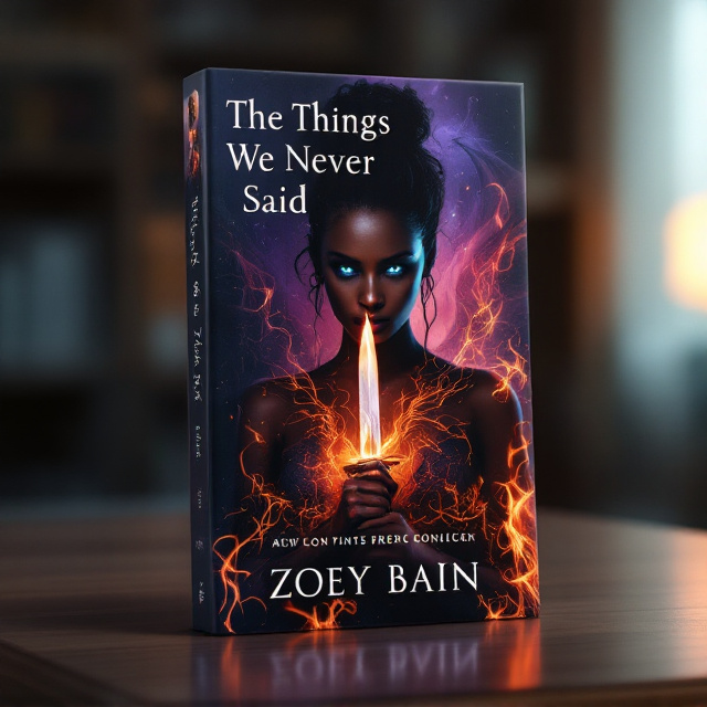 The cover features a commanding central figure of a woman with deep, dark brown skin. Her sharp, intense gaze draws the viewer in, with her electric blue eye glowing prominently against the haunting black eye. A gleaming knife is clutched in her hand, catching faint light that contrasts against the dark ambiance. Cascading shadows blend into fiery trails of orange and red, enveloping her figure and spilling out into the muted background of purples and blues. A faint hint of dragon wings curl subtly behind her, silhouetted in shadows and flames.