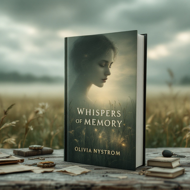 A hauntingly serene meadow stretches into the horizon under a melancholic, stormy sky. The grass sways softly in the foreground, kissed by a faint golden light emerging from behind obscuring clouds, suggesting the faint whisper of hope. Faded, ghostly transparent outlines of a woman’s face subtly overlay the sky, her features half-lost as if she is fading into memory. Scattered on the meadow’s surface are forgotten objects – an old locket, letters, and a crumbling photograph. The distant treeline seems to dissolve into the horizon, emphasizing isolation.