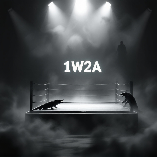 A surrealistic scene depicting a dark, misty boxing ring in the middle of a mysterious void at night. In the foreground, silhouettes of a shark, tiger, and crocodile are facing off, their figures dramatic and slightly glowing, exuding danger and intrigue. Spotlights from above cast a black-and-white gradient over the ring, with swirling mist creeping into the edges, creating a sense of mystery. The background features faint shadows of historical figures watching the fight, blending into the mist and darkness.