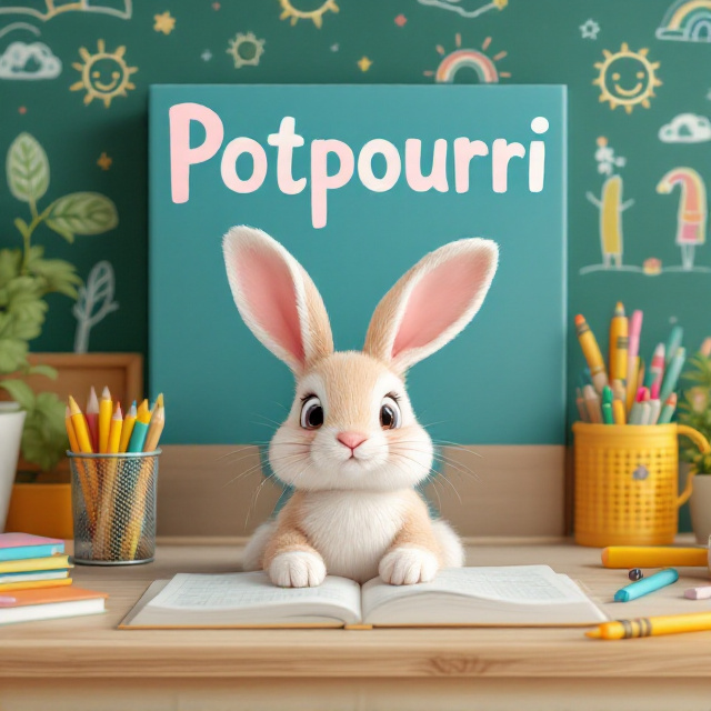 A cute, wide-eyed bunny with big floppy ears sits at a school desk. The desk is slightly cluttered with colorful pencils, crayons, and an open workbook. Behind the bunny, a chalkboard-style wall features hand-drawn pictures of smiling suns, stick-figure trees, and rainbows, clearly drawn by a child. The entire scene has a warm pastel color palette with soft yellows, blues, and greens.