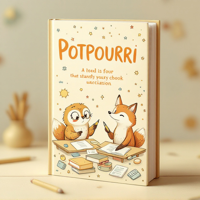 A whimsical illustration of a cute owl and a fox sitting at desks, both holding pens in their tiny paws, smiling warmly at each other. Their desks are neatly filled with papers and books. The background is soft pastel-colored with doodles such as stars, suns, clouds, and small school items like pencils, erasers, and rulers hand-drawn across the space. The color palette includes soft yellows, blues, and greens to maintain an inviting, cheerful tone.