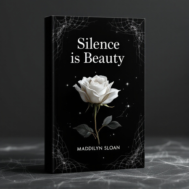 A stark black background adorned with a blend of intricate, delicate cobwebs softly weaving across the corners of the cover. In the center, a single wilted white rose lies horizontally, petals slightly curling and dewy. A faint glow illuminates the rose, creating an alluring contrast with the dark backdrop. Subtle tendrils of mist intertwine with the cobwebs for an enigmatic, thrilling feel.