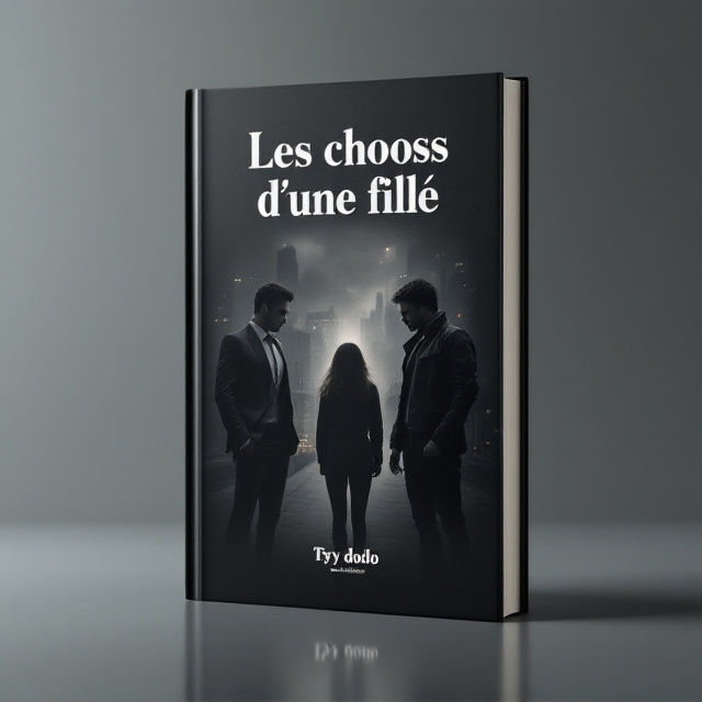 The cover features a dark, moody background in black with soft gradients of deep grey. At the center, there’s a strong visual contrast two silhouetted male figures on either side, one sharply dressed, clean-cut and confident (representing the "mec populaire"), the other rugged with a leather jacket, slightly leaning in, representing the "bad boy." Between them, a hazy figure of a girl stands back facing the reader, her silhouette slightly blurred to represent mystery. Behind the trio, a dreamy cityscape is faintly visible, softly merging into the backdrop, giving a subtle romantic feel while maintaining the rivalry tension.