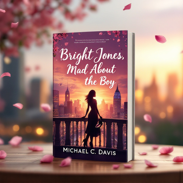 A bright cityscape at dusk, with a soft golden glow reflecting off buildings. In the foreground, a woman stands on a bridge overlooking the city, her silhouette illuminated by warm, dreamy lights. In the corner, a faded image of a journal lies open, symbolizing vulnerability and reflection. Romantic yet comedic elements are subtly integrated through scattered pink-toned petals and a playful detail—her high heels dangling off one foot. The sky transitions from peach to lavender hues, suggesting hope and tenderness.