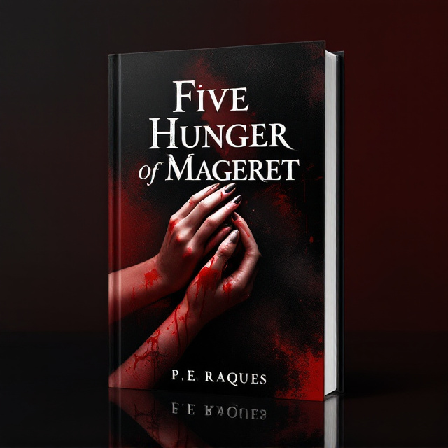 A daring and sensual centerpiece—two sets of hands entangled, one gripping a slightly bitten lower lip, the other grazing a wrist adorned with smears of fresh, dripping red blood. The background is a deep gradient of crimson and obsidian black, blending together to evoke a mood of longing, mystery, and raw sensuality. A faint silhouette of a woman's face, lips slightly parted in desire, is subtly apparent beneath the layers of grunge-textured overlays.