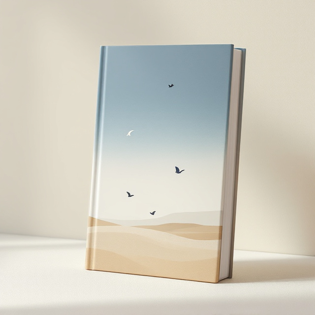 The cover features a gradient sky transitioning smoothly from deep indigo at the top to soft golden hues nearing the horizon. Three abstract bird shapes, resembling brush strokes or flowing lines, are scattered across the sky in varying positions, exuding a sense of freedom and mystery. The horizon is a thin, nearly invisible line separating the sky from the barren, empty ground below, represented with muted, textured beige tones. The overall style is minimalist and serene, with an emphasis on negative space.