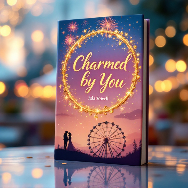 A bright and warm color palette predominantly featuring shades of gold, pink, and soft blue creates an uplifting atmosphere. The cover showcases a detailed silhouette of a ferris wheel with a couple seated at the top, subtly surrounded by golden fireworks bursting in the night sky. Surrounding the title and slightly overlapping it is a beautifully illustrated gold charm bracelet, its charms glinting with highlights of light. The title sits in the center, with the bracelet encircling it playfully. The author’s name is situated at the bottom in an elegant but approachable font.