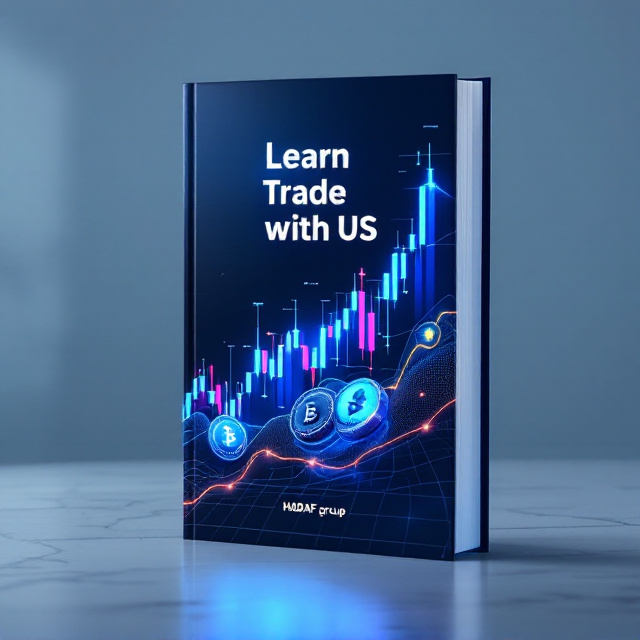 A sleek, modern book cover featuring a glowing dark blue background with a subtle gradient effect. The centerpiece is a large, dynamic Bitcoin and Ethereum logo blended seamlessly with candlestick and trading chart elements glowing in neon blue and green. The candlestick chart rises diagonally, creating a sense of growth and movement across the cover. The HADAF group logo is positioned subtly at the bottom corner for branding.