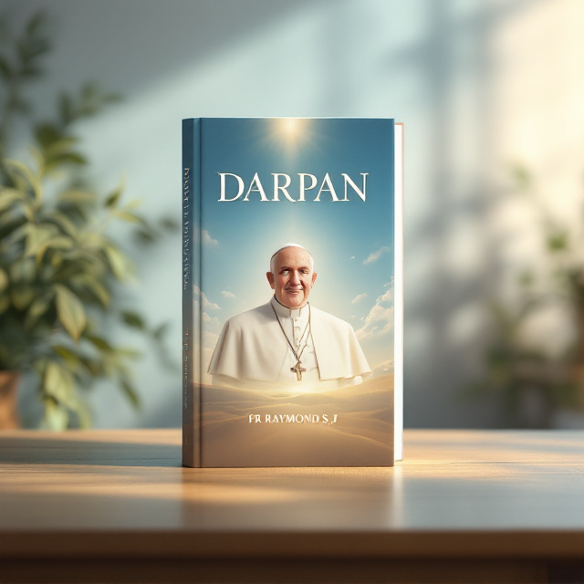 The book cover has a serene blue sky as the background, scattered with soft, wispy white clouds. A radiant and dignified image of Pope Francis is centrally placed, slightly tilted upward as if gazing into the heavens with hope. The image is crisp, exuding warmth and serenity. The title, "DARPAN," is bold and positioned prominently at the top in elegant, capitalized typography, with a slight golden gradient. At the bottom, "FR RAYMOND S.J." is featured in smaller font, centered, and delicately outlined in white for clarity.