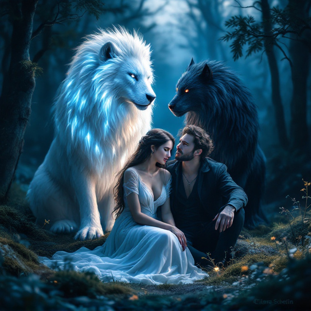 A moonlit forest serves as the background, with hues of deep blue, silver, and black dominating the color palette. In the center, a woman in a flowing, ethereal white dress sits on the forest floor with delicate tears shining on her cheeks. To her right, a man clad in dark attire sits beside her, subtly leaning toward her, his hand lightly on her shoulder. A glowing, majestic white beast sits protectively behind her, while a dark, shadowy black beast with piercing eyes lurks protectively on the man’s side. Soft light highlights the woman and beasts, creating a mystical aura, blending sorrow and intimacy.