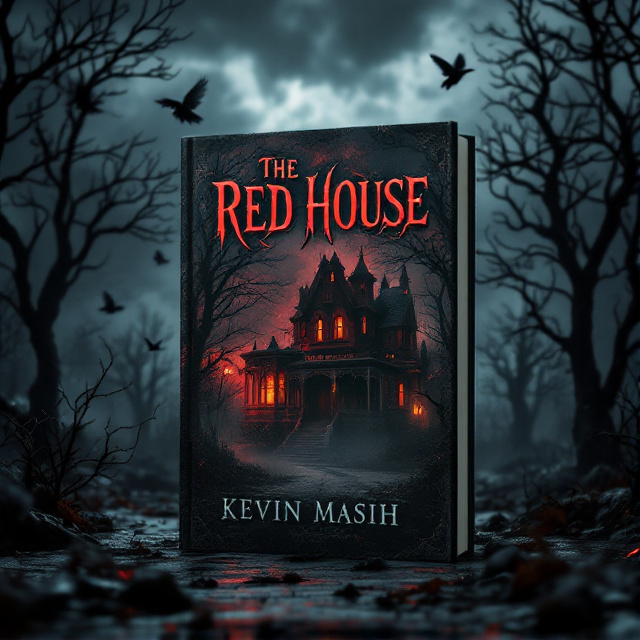 A dark, stormy night scene with a large, crimson-red, ominous Victorian house as the central focus. The house is partially shrouded in fog, with dimly glowing windows casting an eerie yellow light. Bare, twisted trees extend from the sides, framing the house subtly. Black crows flying above in dark clouds add to the suspense. The overall palette consists of muted blacks, greys, a deep blood red for the house, and subtle yellows for the lights.