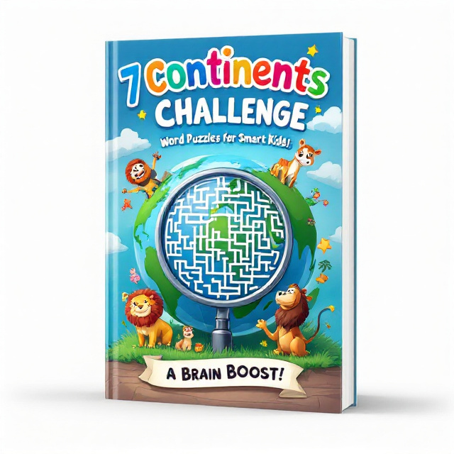 The cover features a large globe illustration in the center with a playful, cartoonish style. Surrounding the globe are colorful, friendly animal illustrations representing each continent, such as a panda for Asia, a kangaroo for Australia, and a lion for Africa. A magnifying glass overlays part of the globe, revealing a maze-like word search within it. The top of the cover includes the book title in a dynamic arc, with fun, bold letters accented by stars and clouds. A cheerful, cartoon-style child explorer with a backpack stands next to the globe. The sky-blue background sets a vibrant tone, with floating stars, playful clouds, and a small compass in the corner for adventure vibes.