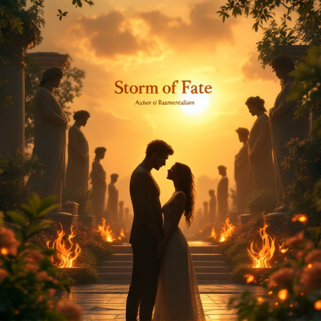 A mesmerizing golden-hour-lit Greek garden with lush greenery and radiant flowers. Centered prominently are statues of Greek gods, statues slightly illuminated with a warm glow of fire-like embers swirling around their forms. The fire burns softly at their bases, enhancing the drama. A dreamy orange and yellow gradient dominates the sky background, creating an ethereal atmosphere. In the foreground, silhouettes of a man and a woman standing close, gazing longingly at each other, with subtle fiery outlines merging around their forms. The fire element laces the edges of the composition, framing the scene.