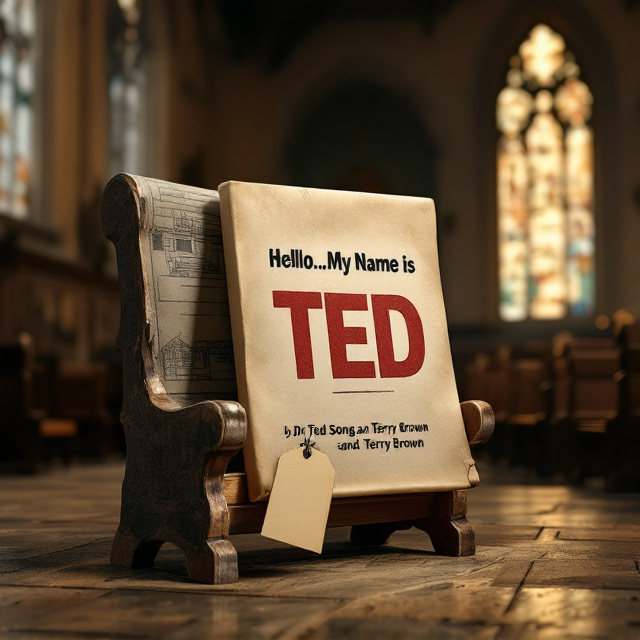 An aged wooden pew is positioned diagonally in the center of the cover, showing signs of wear and age to symbolize history and decline. Draped on the left portion of the pew is a detailed blueprint, partially rolled, with visible architectural drawings, denoting the theme of planning and solutions. Dangling from the upper corner of the pew is a large, vintage-style price tag, clearly visible but not obstructing other elements. The background depicts a dimly lit, empty church interior with high arches, stained glass windows, and an overall desaturated tan hue, conveying solemnity and an air of spirituality.