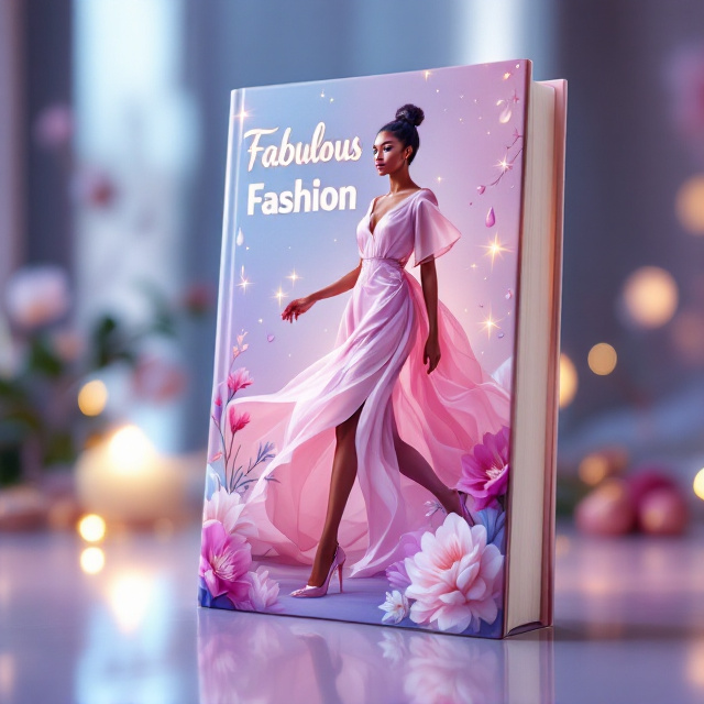 A striking cover featuring a beautiful young woman with radiant skin, confidently strutting down a catwalk. Her vibrant presence is emphasized by flowing, fashionable clothing that blends shades of baby pink, lavender, and baby blue. The background has a soft gradient of pastel hues with subtle floral patterns overlaying, symbolizing care and love. Surrounding her are abstract depictions of high-fashion elements like shoes, hats, and accessories, giving a joyful and chic vibe. A slight tear-like embellishment flows downward along the side, symbolizing sadness, which contrasts beautifully with the overall feel of celebration and victory visualized by soft spark accents near her figure.