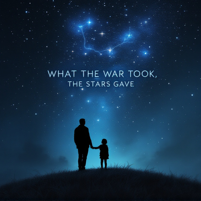 A dark, twilight-blue gradient sky fills the background, speckled with countless shimmering stars. Two black silhouettes of people—a tall, slender figure with broad shoulders and a smaller one that seems child-like—stand on a small grassy hill in the foreground. Their postures convey a mix of loss and hope as they gaze up at the stars. The stars appear brighter and denser above them, almost forming a subtle, symbolic constellation pattern. The horizon of the hill is gently curved, adding depth, while a faint smoky texture in the atmosphere hints at a lingering aftermath of war.