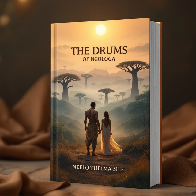 The cover features an expansive ancestral valley bathed in soft, warm dawn light. Mist rises across the rolling hills while majestic ancient baobab trees dot the horizon. In the foreground, a barefoot warrior prince, clad in traditional attire with intricate patterns, stands solemnly on sacred ground. He holds a beautifully carved wooden staff, its design echoing tribal artistry. Beside him stands a radiant woman, dressed in flowing robes with faintly glowing markings on her hands. Ghostly silhouettes of ancestral drums and spirits subtly rise, blending into the misty background. The colors are earthy deep rich browns, golden hues from the sunrise, and subtle twilight blues.