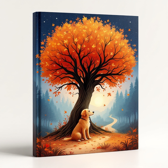 A whimsical illustration of a golden-brown dog sitting underneath a large, sprawling tree with vibrant autumn leaves in shades of orange, red, and yellow. A soft, dreamy twilight sky fades between deep blue and pink-purple hues, with scattered stars appearing faintly in the upper corners. The dog gazes into the distance, as swirling leaves float dreamily around them. Slightly blurred forest elements are seen in the background to add depth and mystery, with a narrow, winding path leading off into the horizon.