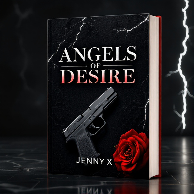 A pitch-black background with intricate, dimly lit textures. The centerpiece is a sleek black handgun placed at a dramatic angle on a dark, glossy surface, symbolizing danger and intrigue. Beside it, a single dark red rose lies delicately with its petals appearing slightly bruised, adding a sense of romance and melancholy. Subtle streaks of neon-white lightning illuminate the background to create dynamic tension and mystery.