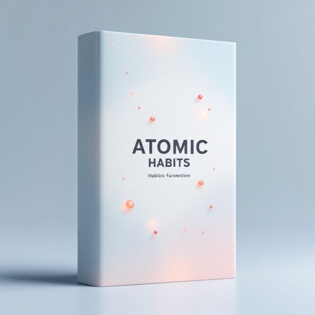 A clean and minimal design featuring a single, bold atomic structure symbol at the center, surrounded by small, glowing orbs that symbolize habits forming connections. A gradient background transitions from a soft white at the bottom to a muted blue at the top, exuding calmness and focus.
