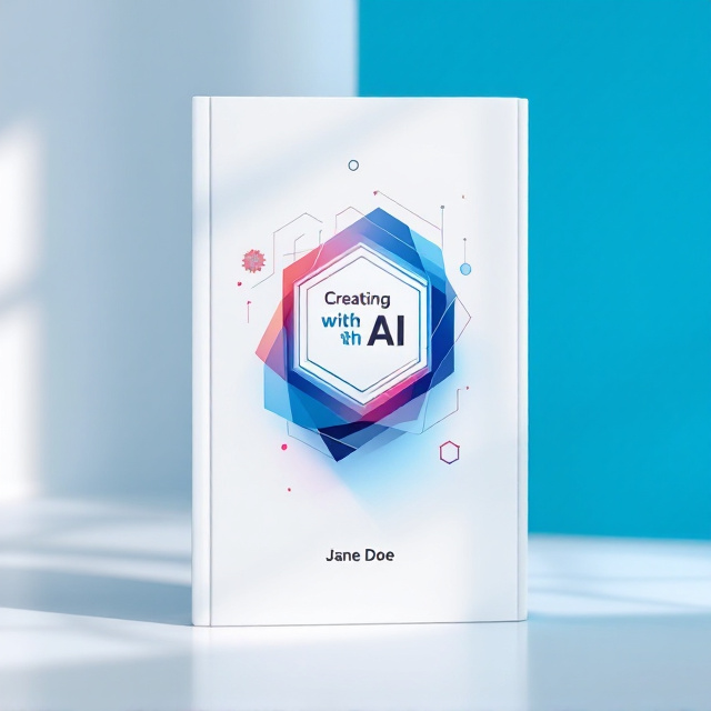 A clean white background with a bold, central geometric badge that features overlapping tones of blue and silver gradient to signify technology and innovation. The badge has a subtle 3D effect, creating depth. Inside the badge, the title "Creating with AI" is prominently displayed. On the top left corner, minimalist icons representing creativity, systems, and AI (like a gear and a stylized circuit brain) subtly fade into the background for a professional touch. The author's name, Jane Doe, is positioned below the badge in a smaller font.
