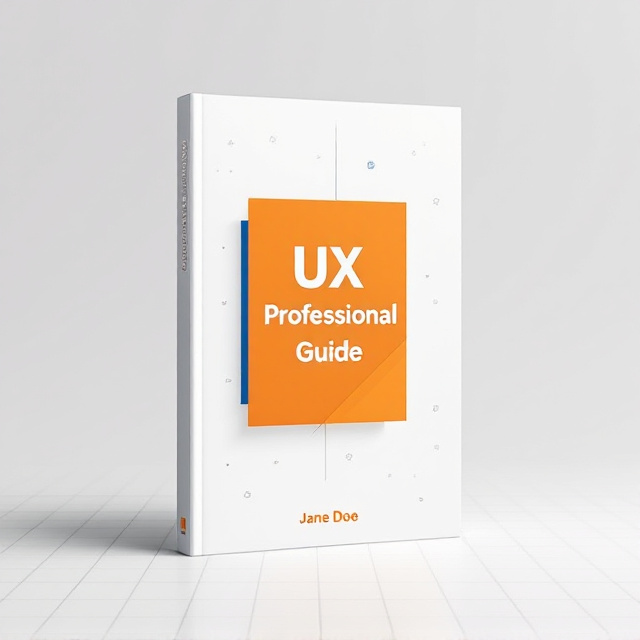 A clean, white background with a subtle grid pattern symbolizes structure and design. A striking geometric shape, such as a bold, diagonally-cut rectangle in a vibrant blue or orange, as the centerpiece. The title "UX Professional Guide" is set centrally on the shape, with clean, symmetrical alignment. Small icons or symbols related to UX design tools are subtly placed in the background to add depth without overwhelming.