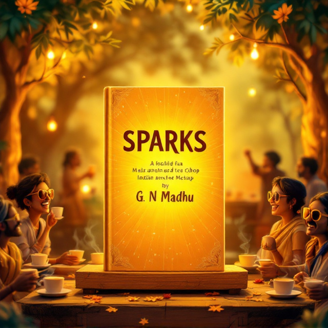A delightful scene with a warm, glowing yellow background symbolizing sunshine and happiness. A close depiction of a vibrant and modest Indian tea shop occupies the center, with a wooden bench and a few villagers, stylized as jovial characters. The characters, each distinct, are shown holding their steaming chai cups, their laughter evident in expressive body language, with some sporting trendy sunglasses. A faint outline of trees and rural landscape frames the scene to evoke authenticity.