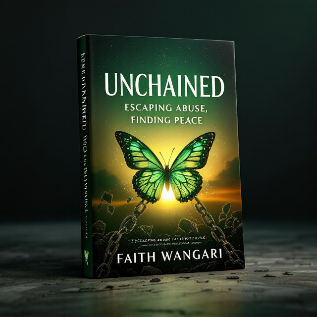 A butterfly emerging from broken chains lies at the center of the cover, symbolizing transformation and freedom. The background transitions from dark shadows in the bottom half to a serene, radiant sunset in the upper half. The chains are placed diagonally across the lower left portion, making it clear they're shattered, while vibrant green hues blend with the orange and yellow of the sunset. The butterfly has intricate, glowing green and gold details, capturing attention and ensuring hope triumphs over the darkness.