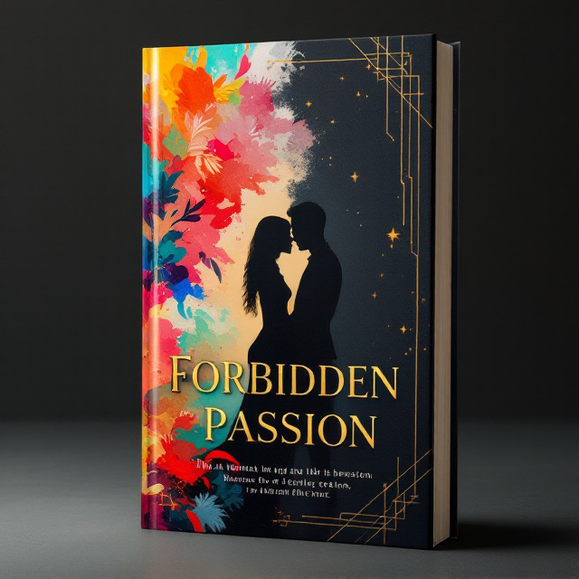 A split-colored cover with the left side in vibrant strokes of watercolor, representing Isabella's artistic and free-spirited world. The right side features a smooth, dark slate background with subtle, sleek golden geometric patterns to symbolize Damon’s structured and minimalistic life. In the center, a romantic silhouette of a couple about to kiss, blending subtly into both sides of the background indicating their emotional connection amidst contrasting worlds. The backdrop of the layers would also include a faint image of a gallery hallway to hint at their fateful meeting point.