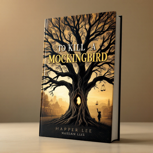 The cover portrays a grand, weathered oak tree dominating the foreground, its gnarled branches stretching wide across the frame. A prominent knothole is positioned at eye level, with a small, delicate child’s hand reaching toward it from the bottom right corner. The background subtly transitions to a sepia-toned Southern town, its rooftops and courthouse spire blending into a dramatic dusk sky colored soft orange. A silhouetted mockingbird perches on one of the tree's lower branches. Faintly etched in the tree bark are barely discernible motifs of a gavel and scales of justice. The scene is bathed in shadow, with areas of dramatic lighting.