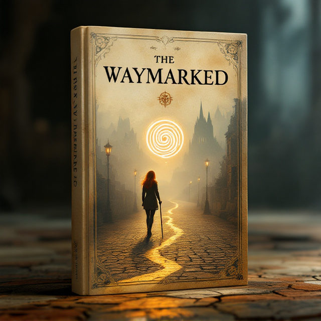 Elareth is depicted on the left side of the cover, facing away, her silhouette contrasted against the soft, misty parchment-textured backdrop. Her ginger hair catches faint light, and she leans lightly on a worn walking stick. The lane snakes through the center, fading into the distance, paved with cracked cobblestones faintly illuminated by gaslamp halos. A glowing, spiral-within-a-spiral glyph floats in the air before her, casting an ethereal light. In the hazy distance, the looming Hall of Measures takes shape with jagged shadows perched on the horizon where the faint ghost-ridges of long-gone mountains echo the setting's past.