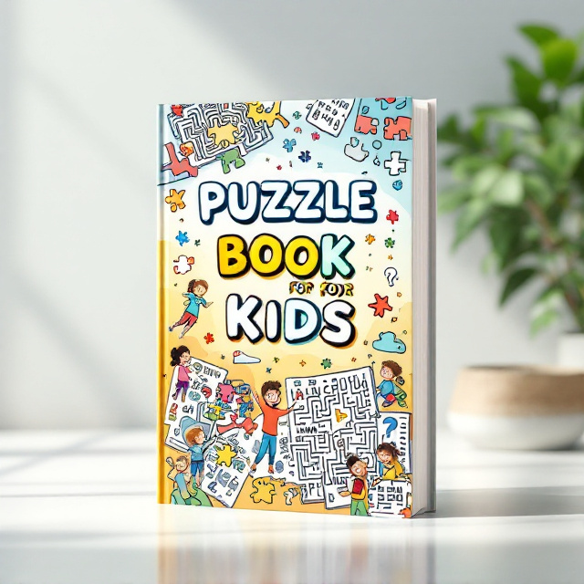 The front cover showcases a vibrant, fun-filled puzzle-themed illustration, with elements like colorful mazes, word search snippets, a jigsaw piece, and doodles of kids actively engaging in puzzles. The title "PUZZLE BOOK FOR KIDS" is center-aligned, utilizing a bold playful font paired with bubbly shapes around it. The background features a gradient of cheerful colors like yellow-orange fading into pastel blue, with subtle shapes like stars, question marks, and puzzle pieces scattered across the design. The author's name, "Ali Kaci," is placed at the bottom in a smaller but equally fun font.