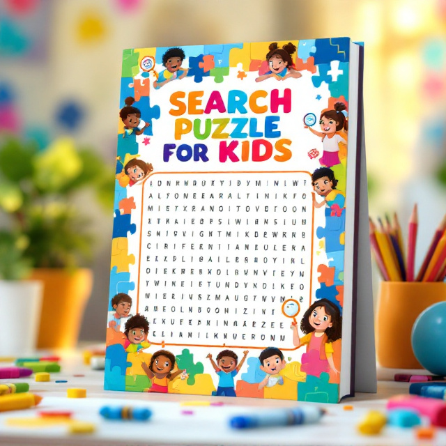 The cover features a vibrant, colorful backdrop of interconnected puzzle pieces of varying shades of blue, orange, green, and yellow. In the center is a large, maze-like word search grid with playful hidden words standing out in bold. Surrounding the grid are illustrations of happy, diverse children solving puzzles, with expressions of joy and curiosity. Cute icons of magnifying glasses, mazes, and pencils are scattered across the background.