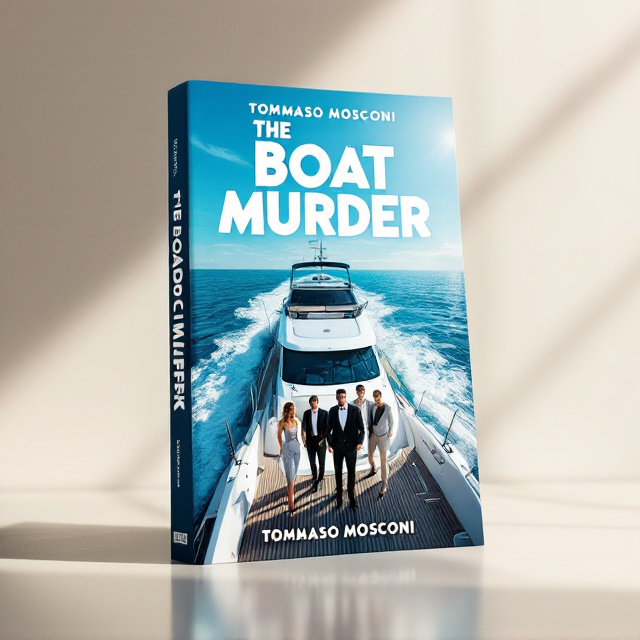 The cover features a luxurious white yacht cutting through an azure sea under the sunny blue sky, placed diagonally across the lower half of the cover. Standing on the yacht deck are five impeccably dressed, affluent individuals—a mix of women and men wearing formal cocktail attire, sunglasses, and jewelry, surrounded by an air of opulence. Towering in front of them is a stern-faced detective in a trench coat and fedora-style hat, dominating the foreground. On the side, a security guard with a rifle rests authoritatively, bringing tension to the scene. The title "The Boat Murder" is splashed across the upper middle portion in bold, blocky text, slightly tilted for a playful, humorous vibe.