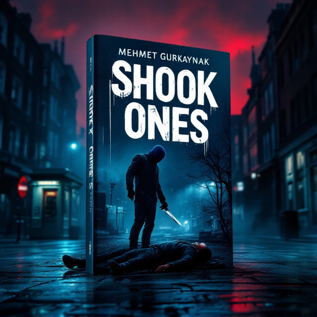 A chilling night scene outside the Ladbroke Grove Station. The man with a blue balaclava is standing menacingly over another man on the pavement, holding a knife that gleams in the dim light. The background features the station’s recognizable architectural features, shadowy and ominous. The blueish-grey tones of the station contrast against a foreboding red hue, filling the sky and framing the action. A subtle mist rolls in, adding a layer of mystery.
