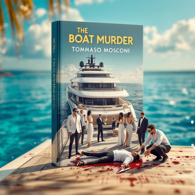 The cover showcases a luxurious white and silver yacht with sleek curves, set against a vibrant, sparkling blue ocean. Five extravagant characters in chic designer clothing are elegantly arranged on the dock of the yacht, sipping drinks and completely nonchalant, exuding wealth and privilege. A security guard is standing to the left with a rifle slung casually over his shoulder, dressed in all-black with sunglasses. The detective is crouched to the right, examining a blood stain on the deck with a knife visibly impaled in the victim's chest, partially shielded by the opulence of the scene. Above the ocean, the backdrop is a sunny sky with hints of soft gold hues, subtly reflecting the luxurious vibe.