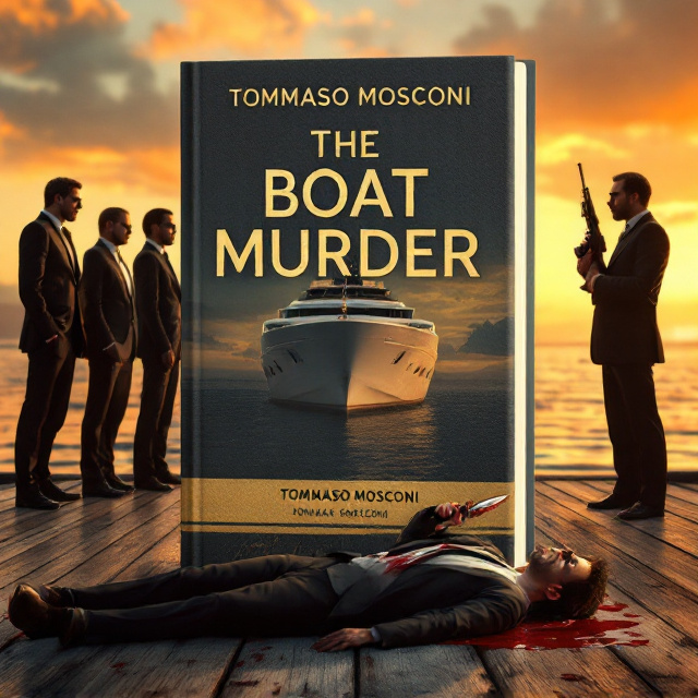 A vibrant depiction of a luxurious yacht bathed in a golden sunset glow, stationed on a calm ocean. The foreground showcases the dock with five rich people in designer attire looking nervous or suspicious. Next to them stand five intense-looking FBI agents in suits, each holding rifles diagonally across their chests. Off to the side, a well-dressed detective kneels next to a striking dead body lying on the dock, blood pooling around a knife lodged in its chest. The yacht in the background gleams pristine and untouched, a stark contrast to the scene unfolding on the dock.