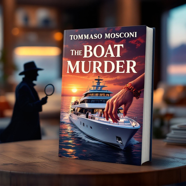 A vivid illustration of a luxurious white yacht sailing on calm, dark ocean waters during dusk, with golden sunset hues in the background. The yacht is brightly lit, with visible wealthy passengers on the deck holding wine glasses, laughing, and dressed extravagantly. In stark contrast, a lifeless hand with a red bracelet hangs out of one side of the yacht’s edge, subtly hinting at a mysterious death. A detective figure stands in the foreground at the edge of the scene, silhouetted under a wide-brimmed hat, holding a magnifying glass with a stern expression.