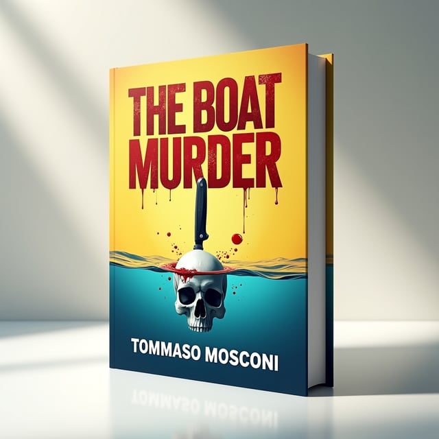 The cover features a vibrant yellow background symbolizing the summer sunlight over a vast, ominous ocean. The top part of the cover has the book's title, "The Boat Murder," with red blood dripping from each letter, forming trickles that puddle near a sharp bloodstained knife positioned diagonally over a cracked skull at the bottom right. The ocean is shown with subtle waves, reflecting both the serenity of the sea and the drama of murder. Bloodstains scatter lightly across the lower section of the cover, blending into the shadows of the waves.