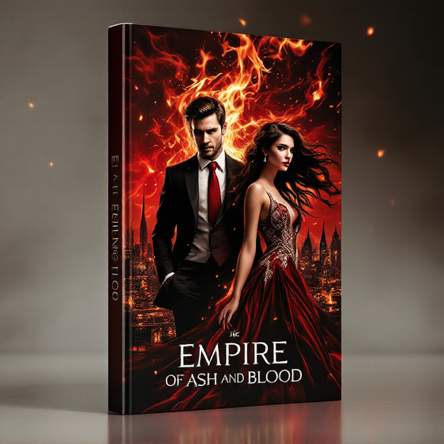 A burning empire forms the backdrop of the cover, with vivid flames engulfing sharp spires and domes in a sprawling city skyline. The flame and smoke create dynamic patterns, accented by floating embers, giving an intense sense of destruction yet beauty. The male character stands slightly to the left, his black suit and crimson tie sharply contrasting against the fiery backdrop. His face is partially shadowed, leaving one eye visible as he casts a cold, enigmatic gaze. To the right, the female character wears an elegant flowing dark red gown with gold embroidery, her posture both poised and commanding. Her hair flows dramatically, as though caught in the wind coming from the flames. Both characters stand with their backs nearly touching, their combined postures reflecting strength in unity with tension between them.