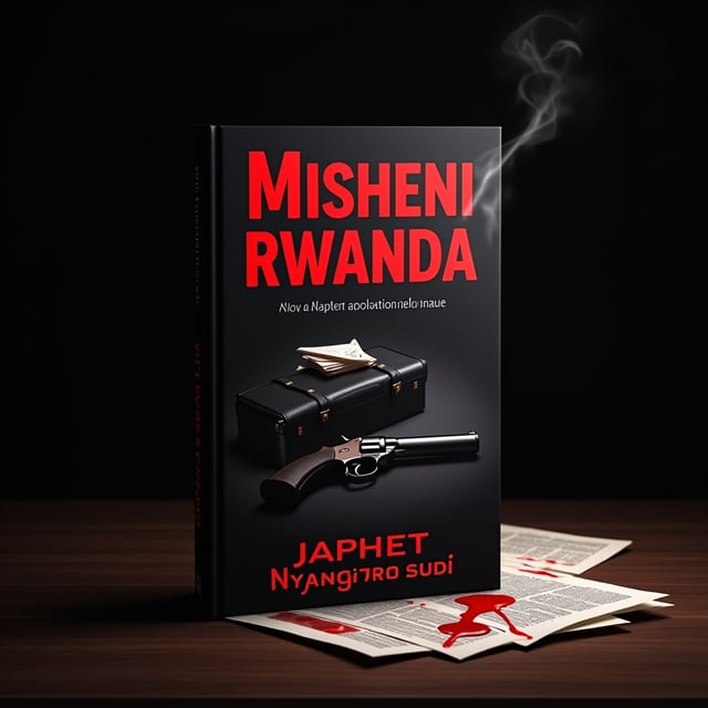 A dark, shadowy background with a dimly lit table at the center. On the table, there’s a smoking pistol slightly tilted, positioned alongside a blood-stained briefcase spilling over with classified papers. A red streak of blood drips across the table, leading the viewer's eyes to the center. The title "Misheni RWANDA" is highlighted in bold red letters, in contrast with the dark background. The author’s name, "Japhet Nyang'oro Sudi," sits subtly at the bottom in white, maintaining a minimalist yet captivating look.