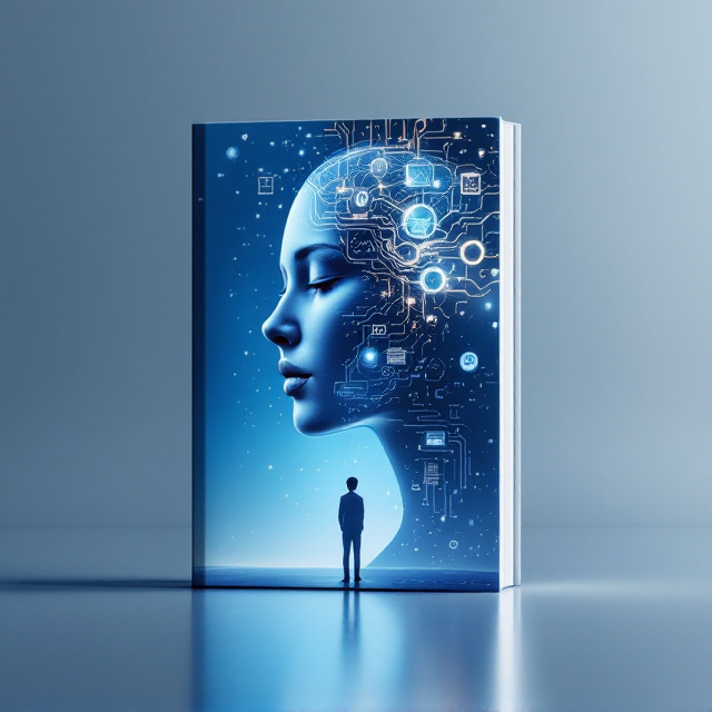 A half-human, half-mirror face occupies the center of the cover. The left side of the face is a realistic human profile, detailed with a calm, introspective expression, featuring soft shadows and gradients. The right side is a reflective mirror surface depicting faint, overlapping images of memories, abstract thought bubbles, digital symbols, and clocks subtly blending together. Behind the head is a glowing web of neural patterns, spreading outward into fading neural circuits. Below the mirror side, a smaller silhouette of a person stands with their back to the audience, gazing upwards at the larger figure. The background is a deep indigo blue that shifts into a soft light gradient near the center for depth and clarity.