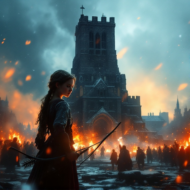 A dramatic scene with a young girl standing front and center in determined yet hopeful posture. She is clad in late 18th-century clothing, holding a bow with an arrow notched, her silhouette outlined by the glow of a distant fire. Behind her looms the Bastille, its walls dark and imposing, shrouded in a mix of smoke and snowflakes falling gently. The background shows chaos, with French Revolutionaries faintly visible in shadowy forms storming the Bastille. Warm orange and red tones of fire blend with cold blues and whites of the snow, giving the cover a stark emotional contrast.