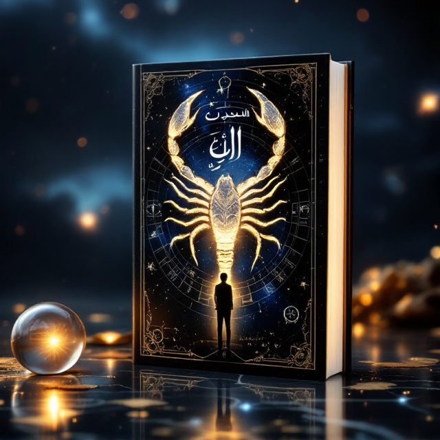 A mysterious celestial background with deep, rich blues and blacks, showcasing the constellations forming the shape of a scorpion. The scorpion glows faintly in silver, symbolizing its alignment with astrology. Behind the scorpion lies a subtle overlay of zodiac wheels and ancient astrological charts, designed in golden hues. The central focal point is a silhouette of a man gazing at the scorpion in awe, representing both introspection and intrigue.