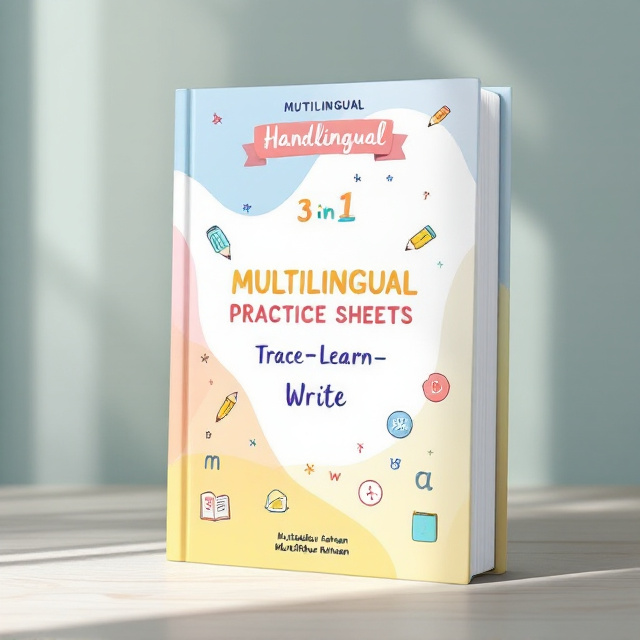 The cover features a colorful gradient background transitioning from soft pastel shades—such as light blue, pink, and yellow—designed to appeal to children. At the center, three interwoven handwriting strokes forming the words "Trace–Learn–Write" are incorporated. Surrounding this phrase are playful icons like pencils, books, and alphabets from the English, Bengali, and Arabic scripts. A bold banner at the top states the title, while the author's name is placed neatly at the bottom.